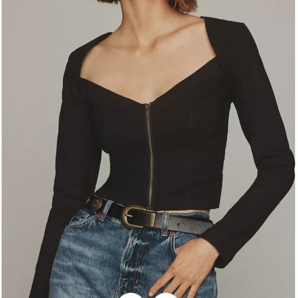 Anthropologie Tops - Anthropologie Maeve Womens Black Long Sleeve Zip-Front Long-Sleeve Blouse Size M